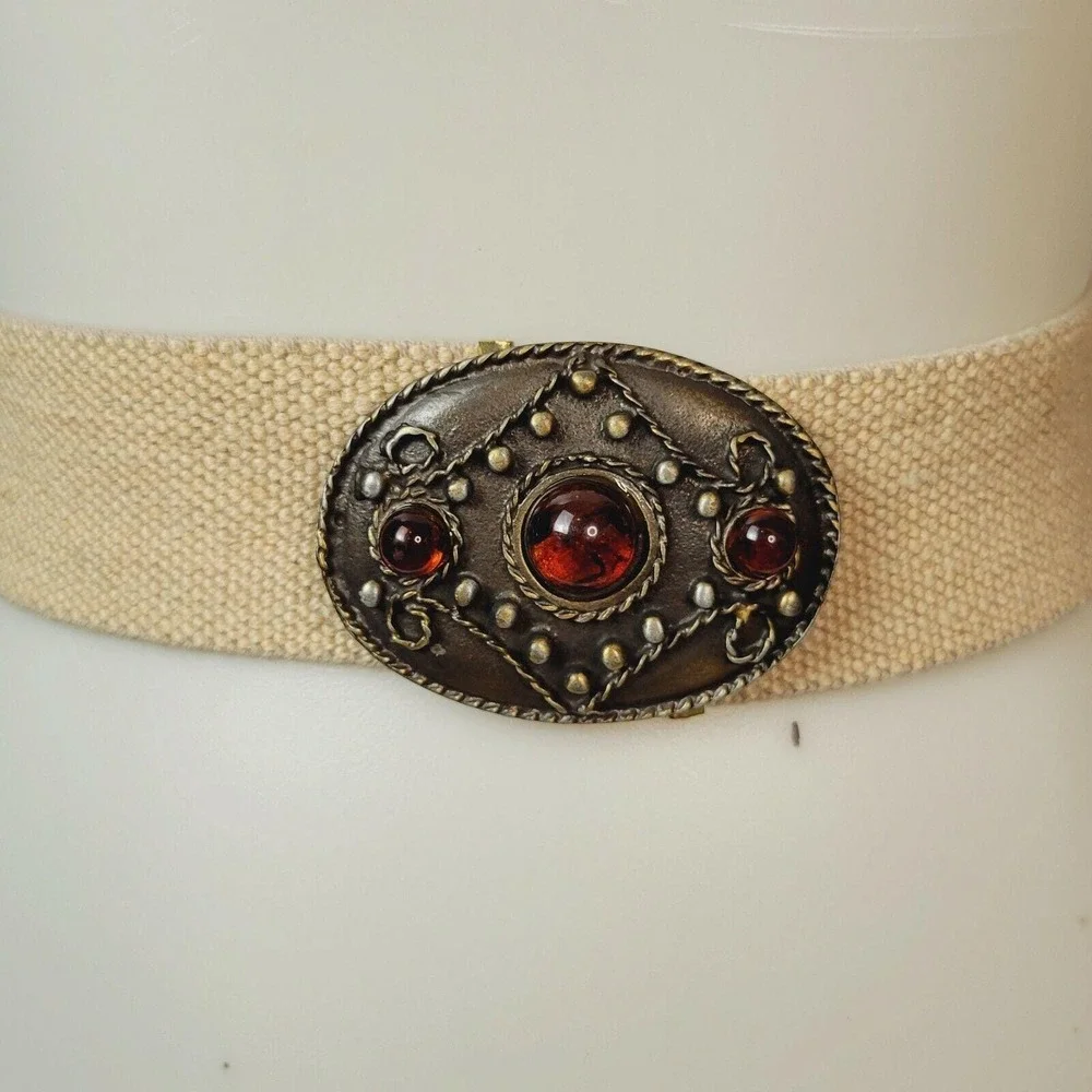 Italian brass and orange acrylic cabochon stretch belt natural beige‎ XL